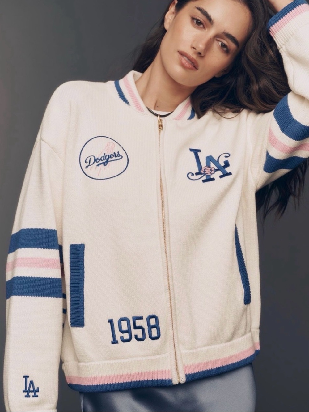 Anthropologie x Wild Collective LA Dodgers Embroidered Knit Bomber Jacket. - Picture 2 of 3